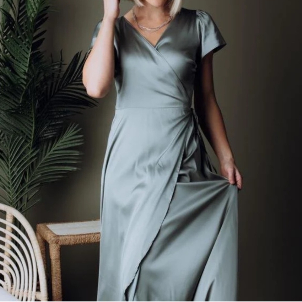 Baltic Born Krystal Satin Wrap Gown- color Eucalyptus - Picture 2 of 6